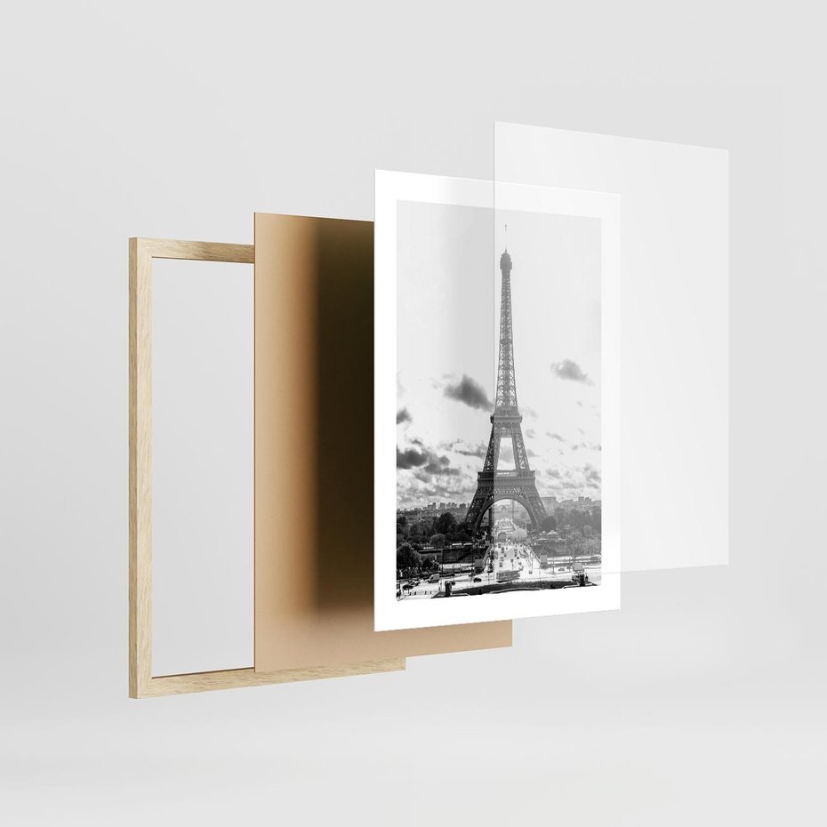 Plakat w ramie 30x40 - Wieża Eiffla - czarno białe zdjecie, wieża eiffla - rama drewno
