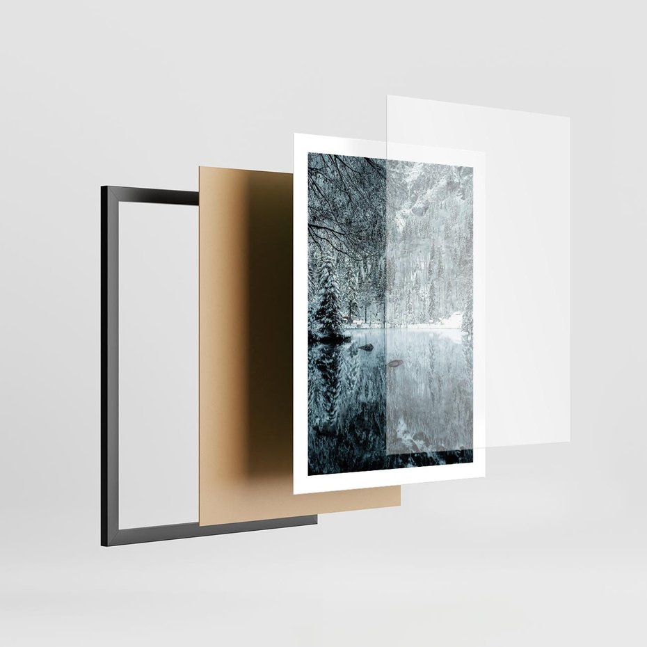 Plakat w ramie 50x70 - Zimowy Raj - zimowy górski krajobraz, jezioro w górach - rama czarna