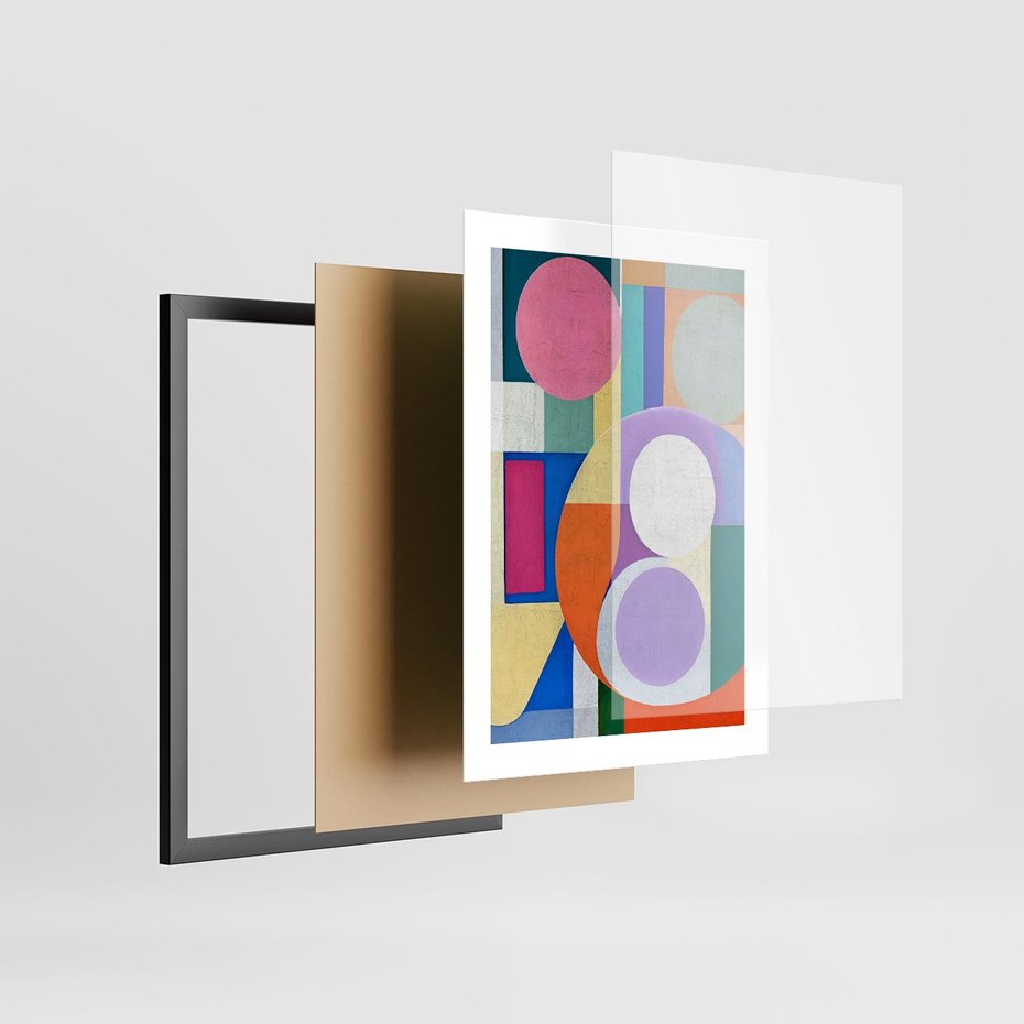 Plakat w ramie 30x40 - Migotliwe Impulsy Dźwięku - różne geometryczne formy, koła - rama czarna