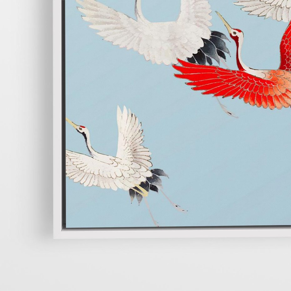 Obraz w ramie 100x70 - Eteryczne Żurawie - lecące żurawie, orientalna sztuka - rama biała