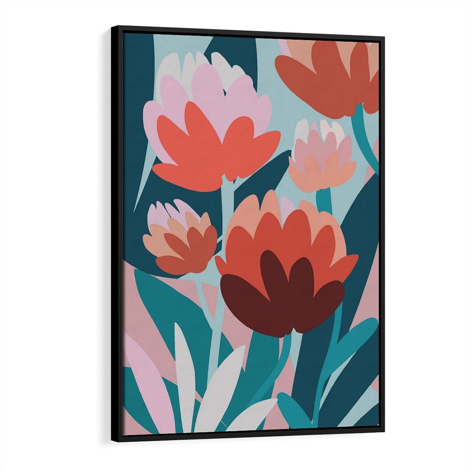 Obraz w ramie 70x100 - Symfonia Kwiatów - abstrakcyjna kompozycja kwiatowych form, kolor zgaszone - rama czarna