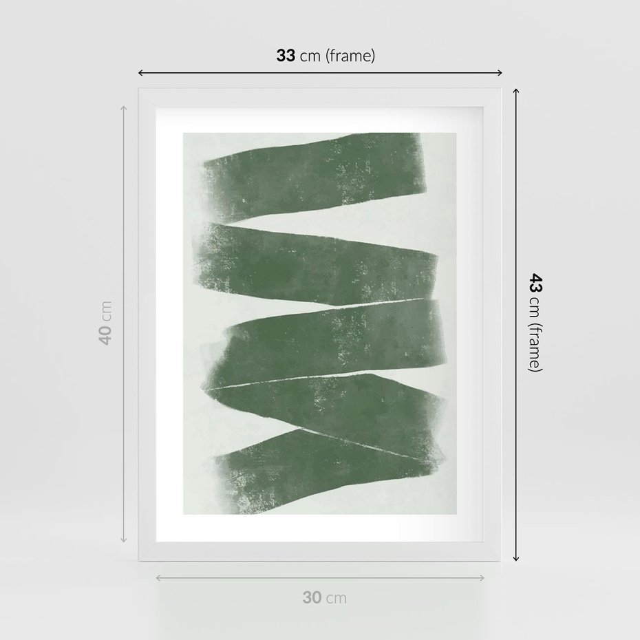 Plakat w ramie 30x40 - Zielone Refleksje - abstrakcja, zgaszony zielony kolor - rama biała
