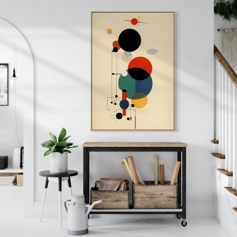 Obraz w ramie 50x70 - Migocące Impresje Odniesień - abstrakcyjna geometryczna kompozycja, koła linie - rama drewno