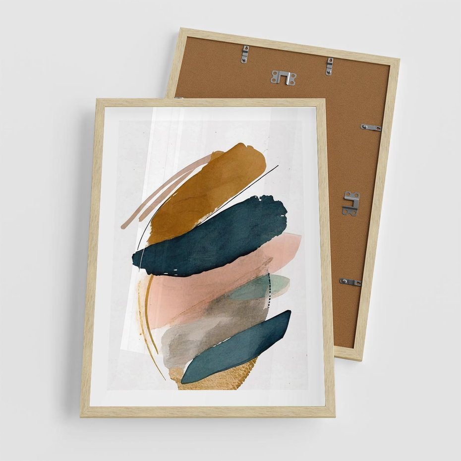 Plakat w ramie 50x70 - Migocące Impresje Przestrzeni - abstrakcyjny obraz, kolory ciepłe - rama drewno