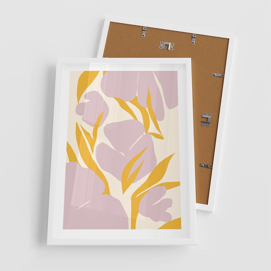 Plakat w ramie 50x70 - Migocące Wibracje - abstrakcyjne kwiaty, pastelowe kolory - rama biała