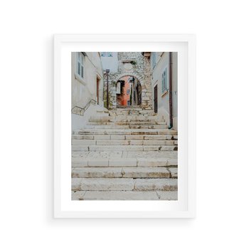 Plakat w ramie 30x40 - Schody we Włoskim Miasteczku - schody, śródziemnomorskie miasteczko - rama biała