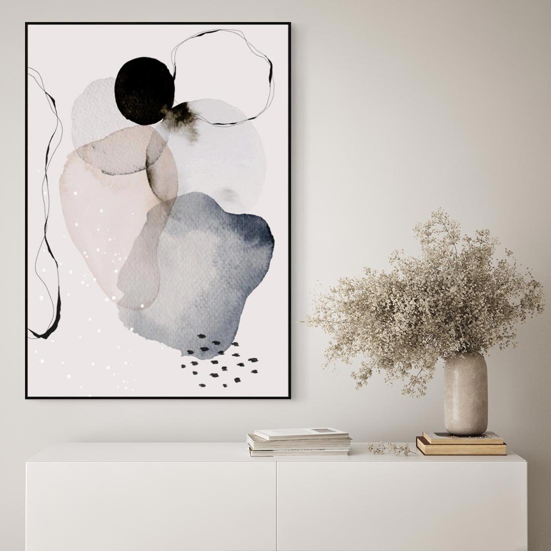 Obraz w ramie 50x70 - Migocące Barwy - abstrakcyjne plamy akwarelowe, czarny szkic - rama czarna