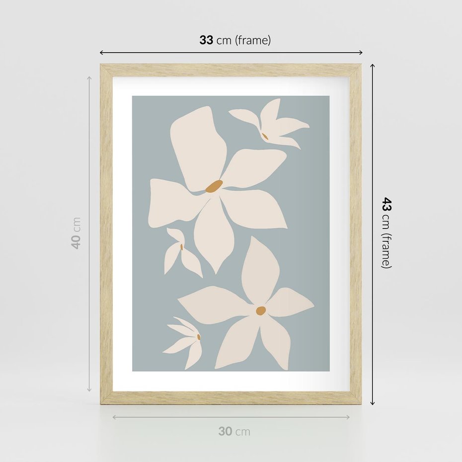 Plakat w ramie 30x40 - Błękit Kwiatów - kwiaty, nowoczesne i minimalistyczne - rama drewno