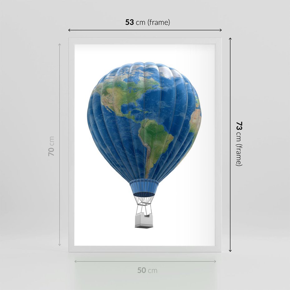 Plakat w ramie 50x70 - Podróżniczy balon nad ziemią - balon, ziemia - rama biała