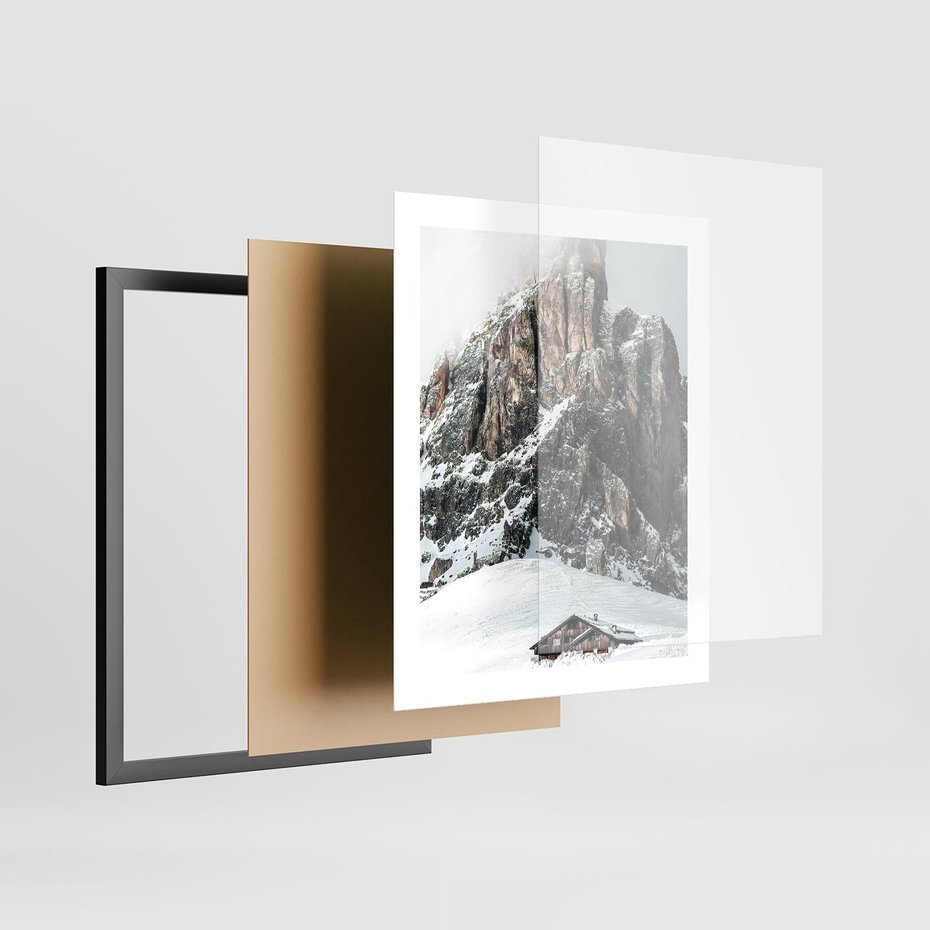 Plakat w ramie 40x50 - Górski Raj z Chatką - górskie szczyty, ośnieżone góry - rama czarna