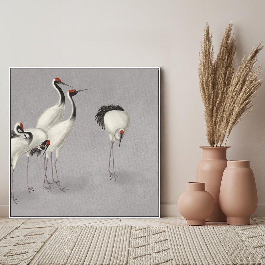 Obraz w ramie 80x80 - Spojrzenie wstecz w pędzlu - szkic rysunek, japońskie żurawie - rama biała