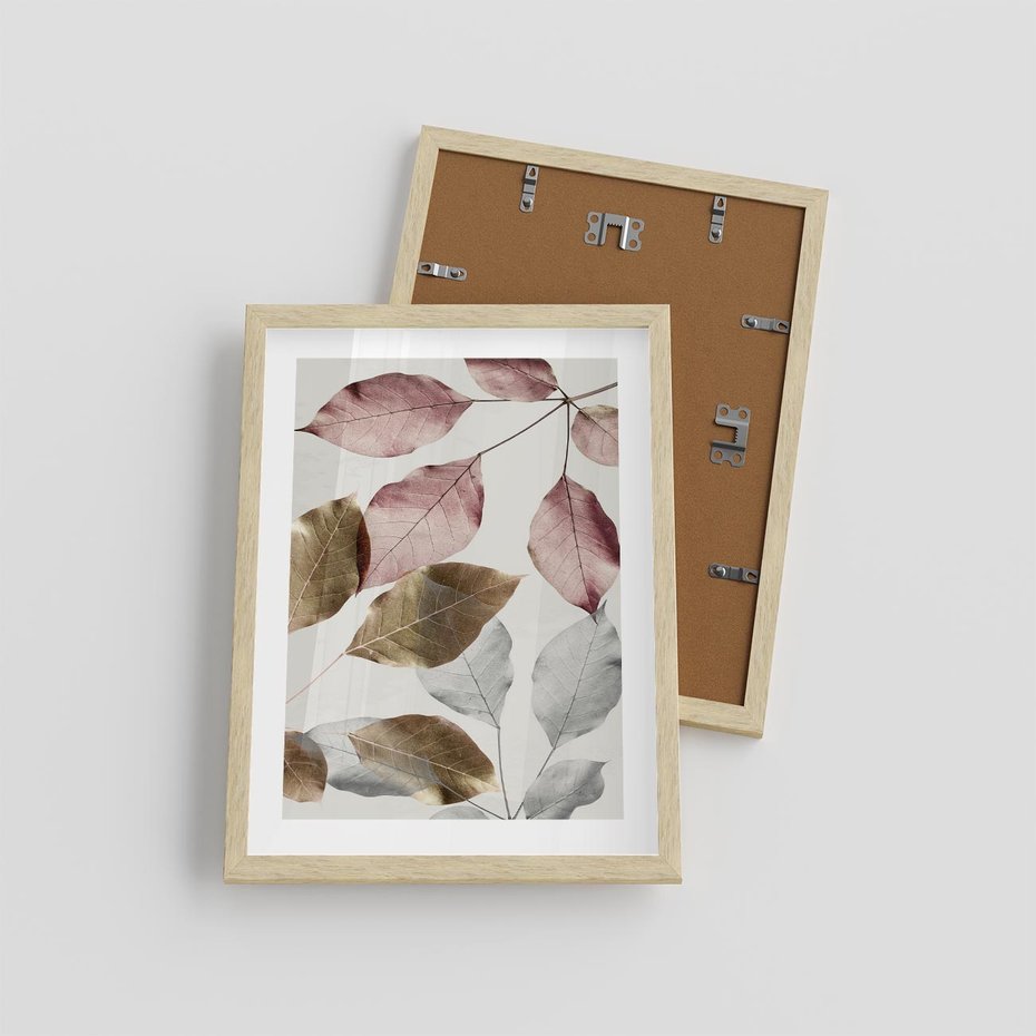 Plakat w ramie 30x40 - Pastelowe Liście z Nutką Złota - liście, pastelowe kolory - rama drewno