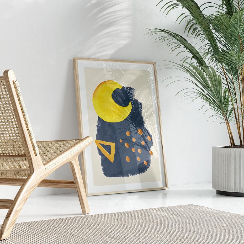 Plakat w ramie 30x40 - Migocące Nocne Barwy - abstrakcyjna akwarelowa plama, granatowa - rama drewno