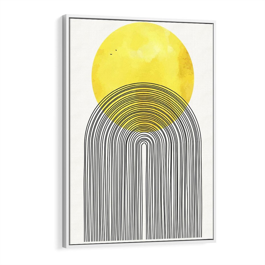 Obraz w ramie 70x100 - Słoneczne Odbicia - geometria, żółte koło - rama biała