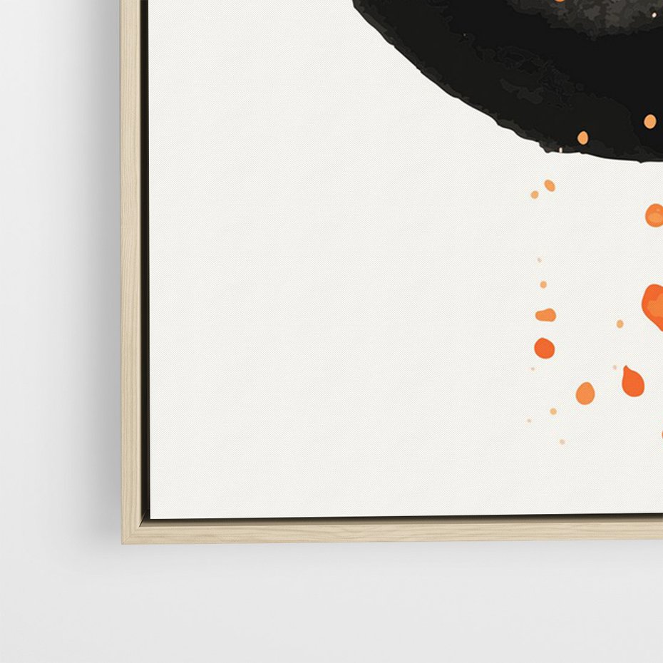 Obraz w ramie 50x70 - Wnętrza Marzeń - abstrakcyjna czarna plama, rozsiane pomarańczowe kropki - rama drewno