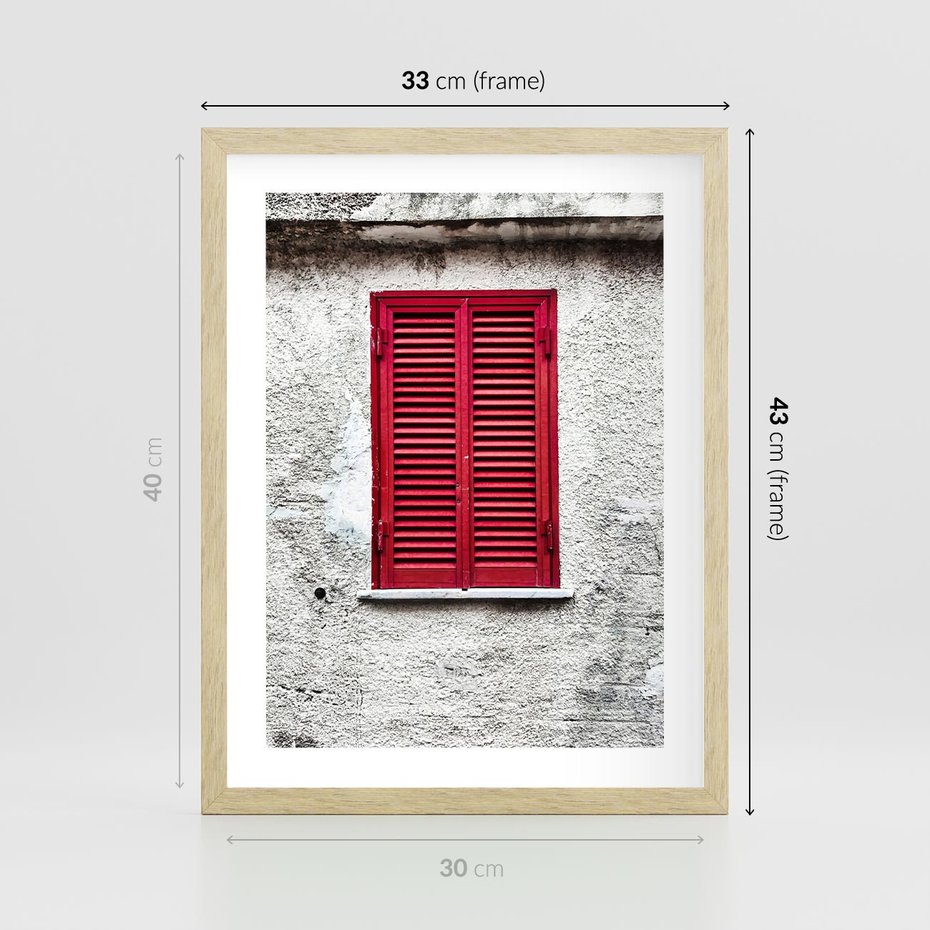 Plakat w ramie 30x40 - Okno z Czerwonymi Okiennicami - stare okno, kamienica - rama drewno