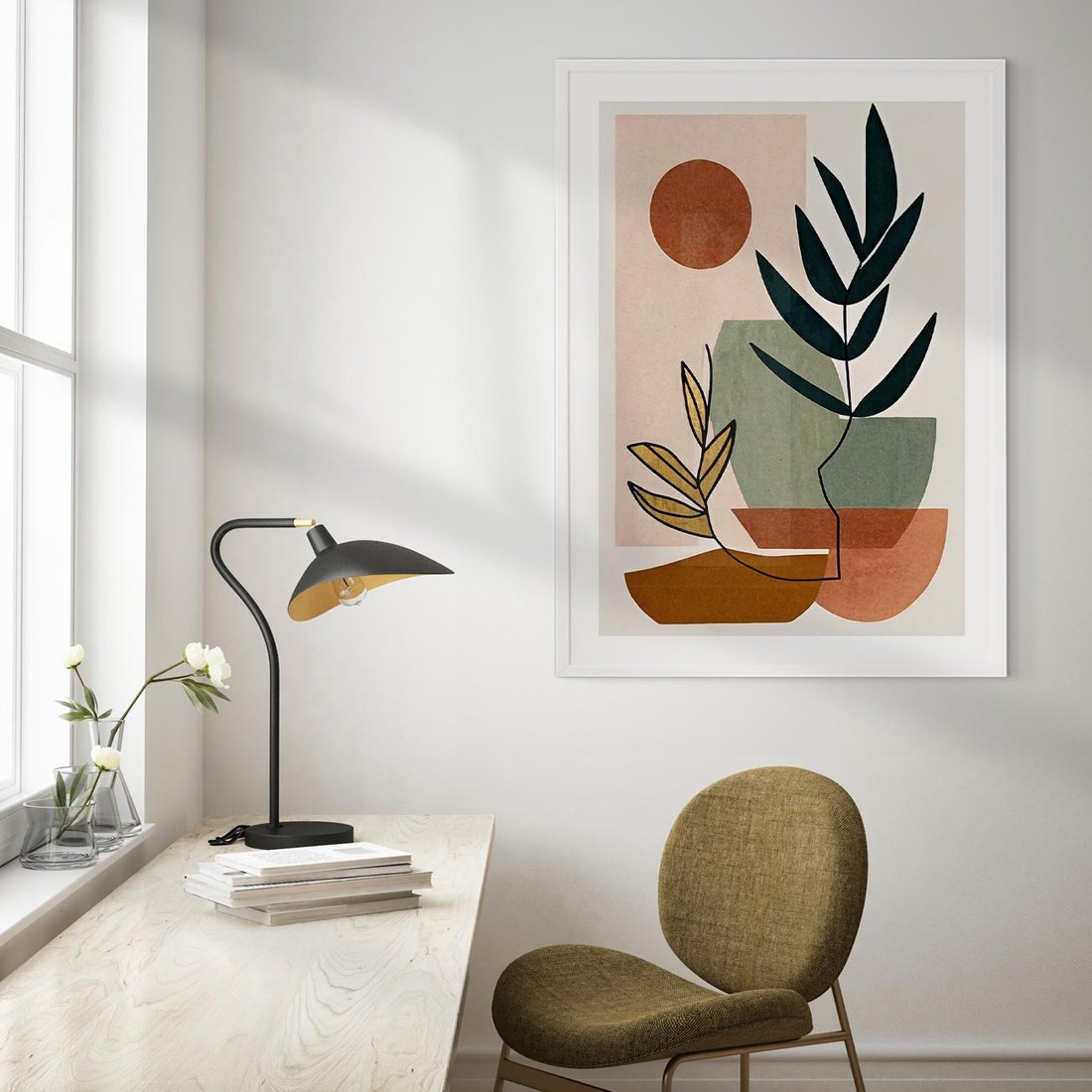 Plakat w ramie 50x70 - Rozkwitająca Boho Wyobraźnia - boho obraz, abstrakcja - rama biała