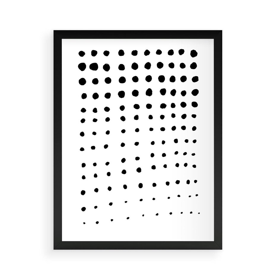 Plakat w ramie 50x70 - Abstrakcyjna Transformacja - abstrakcyjna kompozycja z czarnych kropek, minimalistyczny czarno bialy plakat - rama czarna