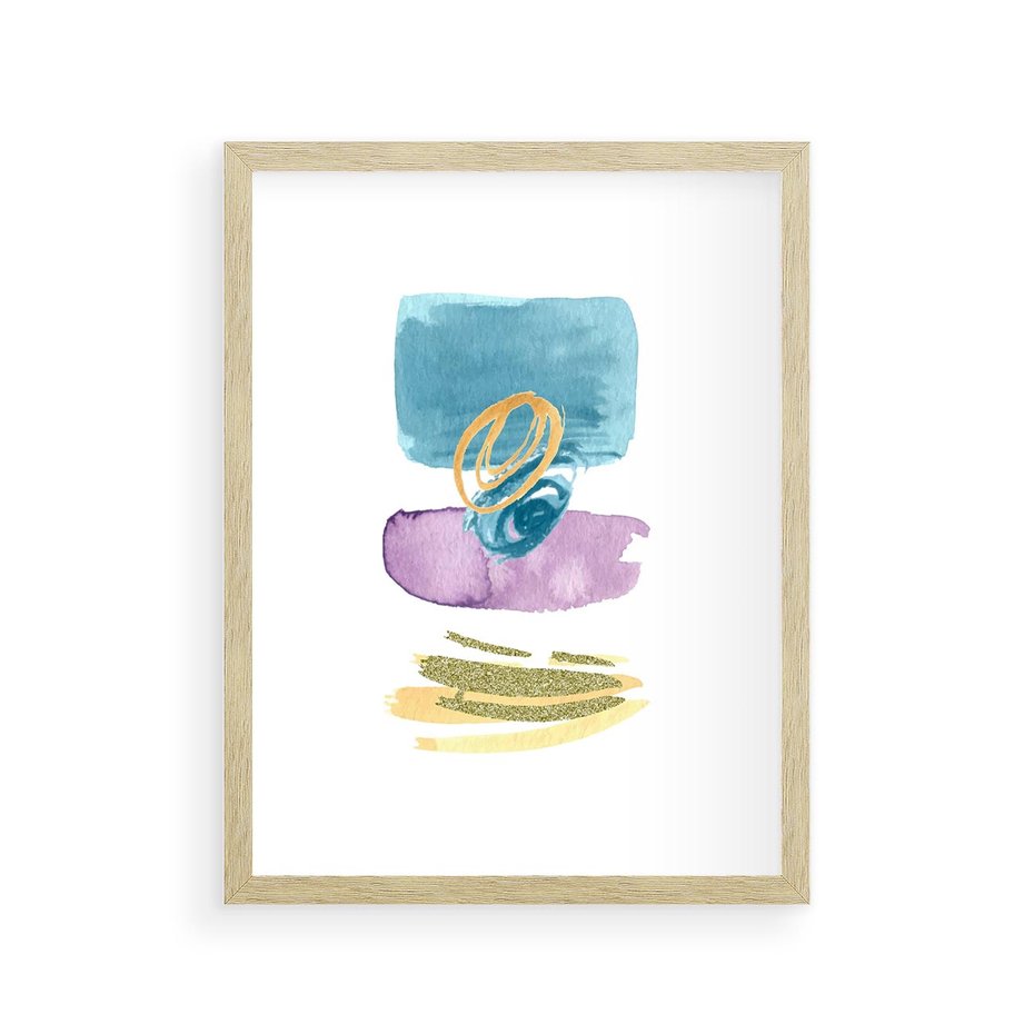 Plakat w ramie 30x40 - Taniec Akwarelowych Kresek - akwarelowe plamy w odcieniach błękitu, złote kreski - rama drewno