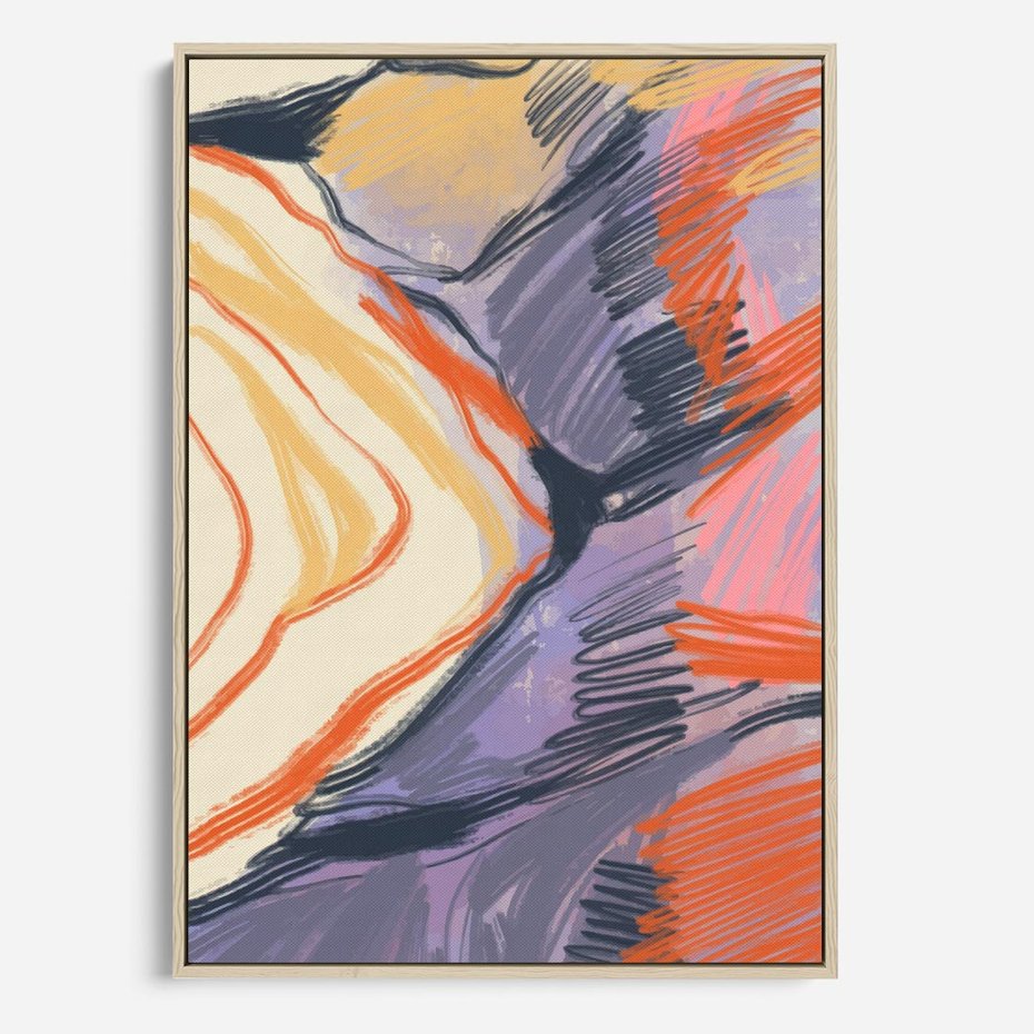 Obraz w ramie 50x70 - Pokreślony Świat - abstrakcyjne formy, odcienie pomarańczu i fioletu - rama drewno