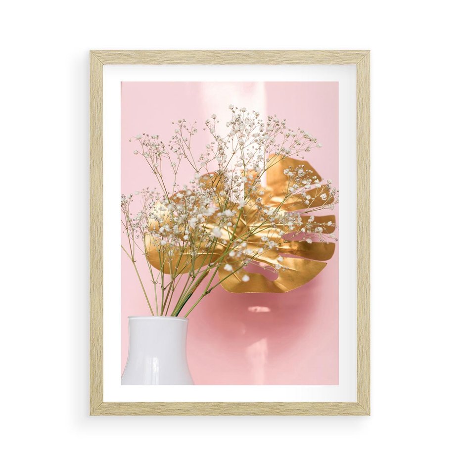 Plakat w ramie 50x70 - Blask Natury - złote, liście - rama drewno
