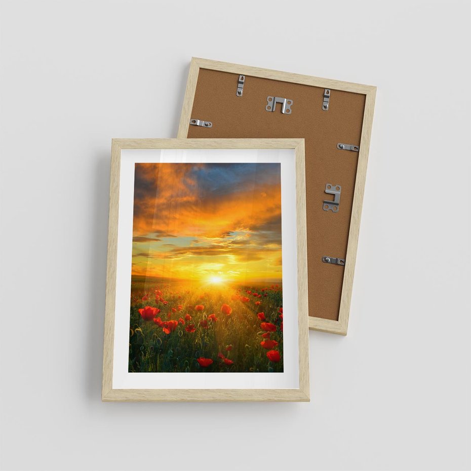 Plakat w ramie 30x40 - Magia zachodu słońca na łące z makami - łąka, zachód słońca - rama drewno