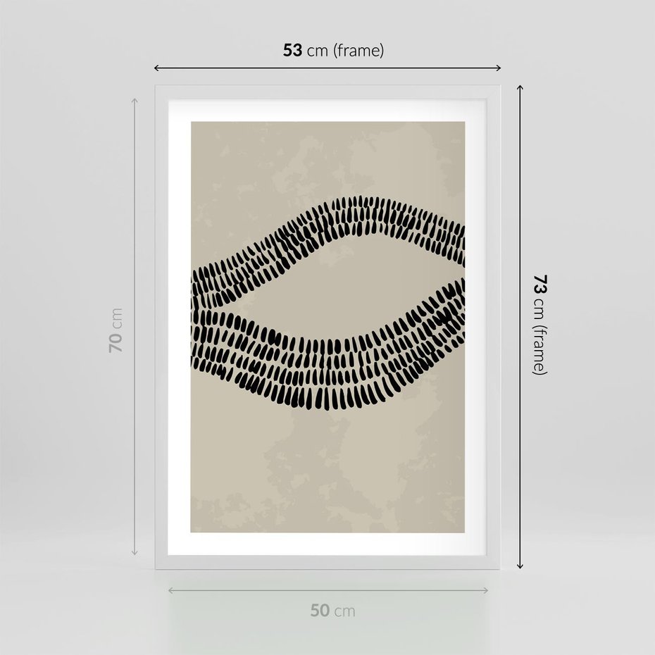 Plakat w ramie 50x70 - Kontury Ewolucji Materii - boho plakat, czarne kropki kreski - rama biała