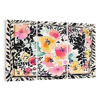 Obraz na płótnie 120x80 - Opowieść w kroplach farb - akwarelowe kwiaty, mocna ornamentowa czarna ramka namalowana dookoła obrazu