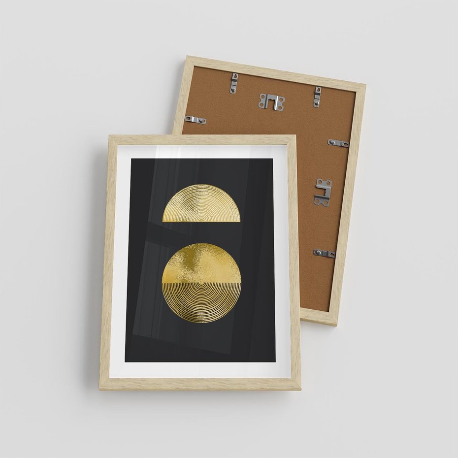 Plakat w ramie 30x40 - Migotliwe Przeniknięcia - złote koła, czarne tło - rama drewno