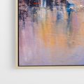 Obraz w ramie 50x70 - Miasto Refleksji - olejna panorama miasta w oddali, wiezowce odbijają się w rzece - rama drewno