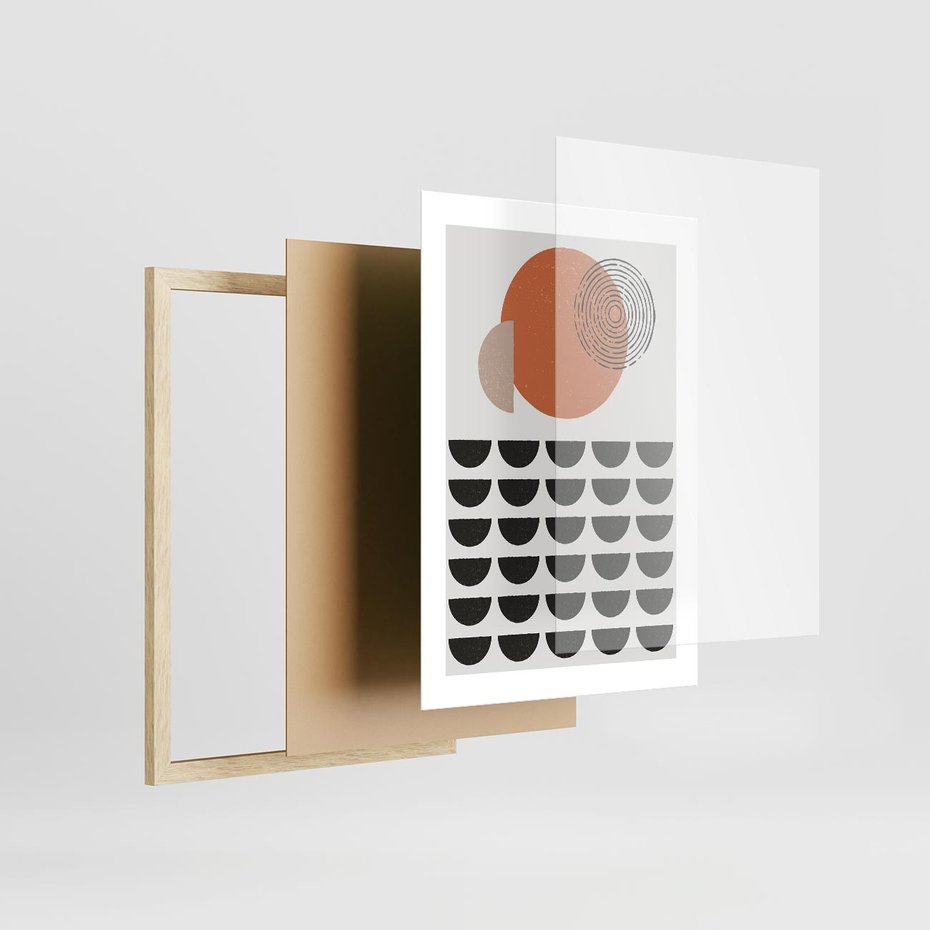 Plakat w ramie 30x40 - Geometryczna Ekspresja - geometryczny graficzny obraz, pomarańczowe koło - rama drewno