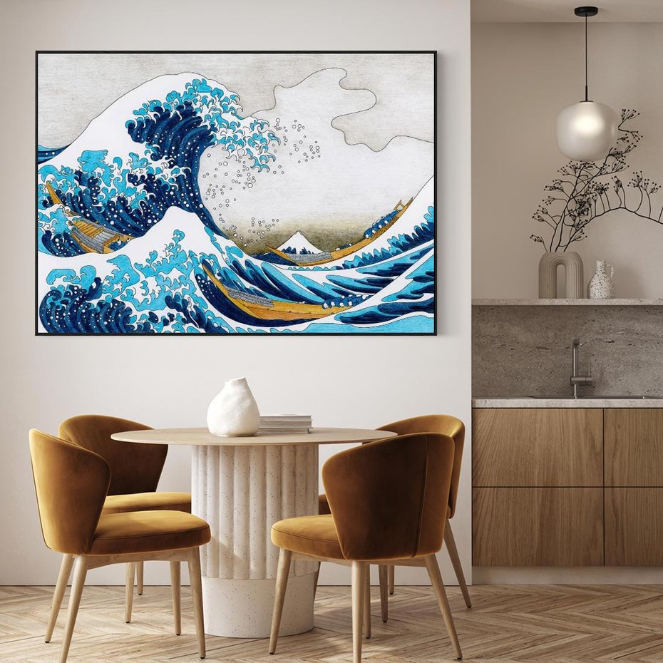 Obraz w ramie 100x70 - Wzburzone Morze - wielka fala w kaganawie, Hokusai - rama czarna