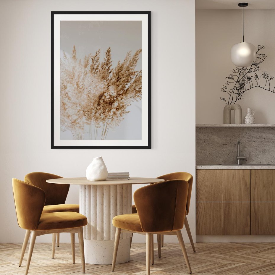 Plakat w ramie 40x50 - Boho Urok Traw Pampasowych - suche trawy, pampas - rama czarna