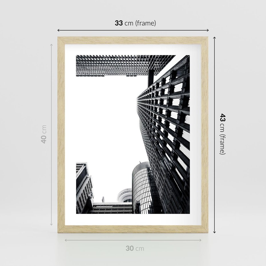 Plakat w ramie 30x40 - Monochromatyczna Sceneria Wieżowców - architektura, wieżowce - rama drewno