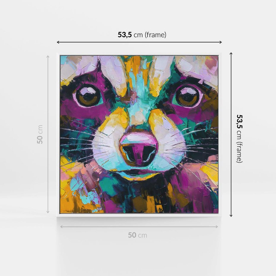 Obraz w ramie 50x50 - Przebudzenie snu artysty - zbliżenie, kolorowy portret szopa pracza - rama biała