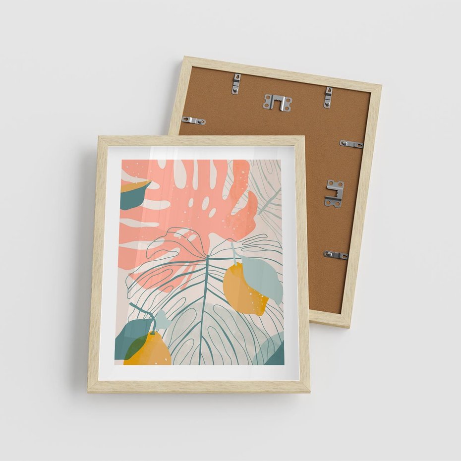 Plakat w ramie 40x50 - Sztuka Natury: Liście Monstery w Pastelach - nowoczesna grafika, pastelowe liście monstery - rama drewno