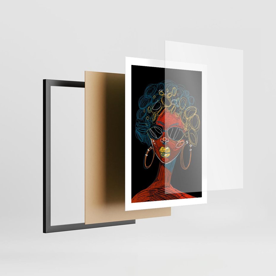 Plakat w ramie 50x70 - Kolorowe Wibracje Rzeczywistości - abstrakcyjny portret kobiety, twarz - rama czarna