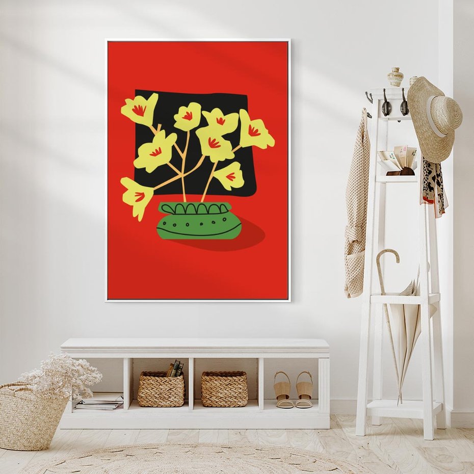 Obraz w ramie 50x70 - Abstrakcyjne Przenikanie - abstrakcyjne kwiaty, czerwone tło - rama biała