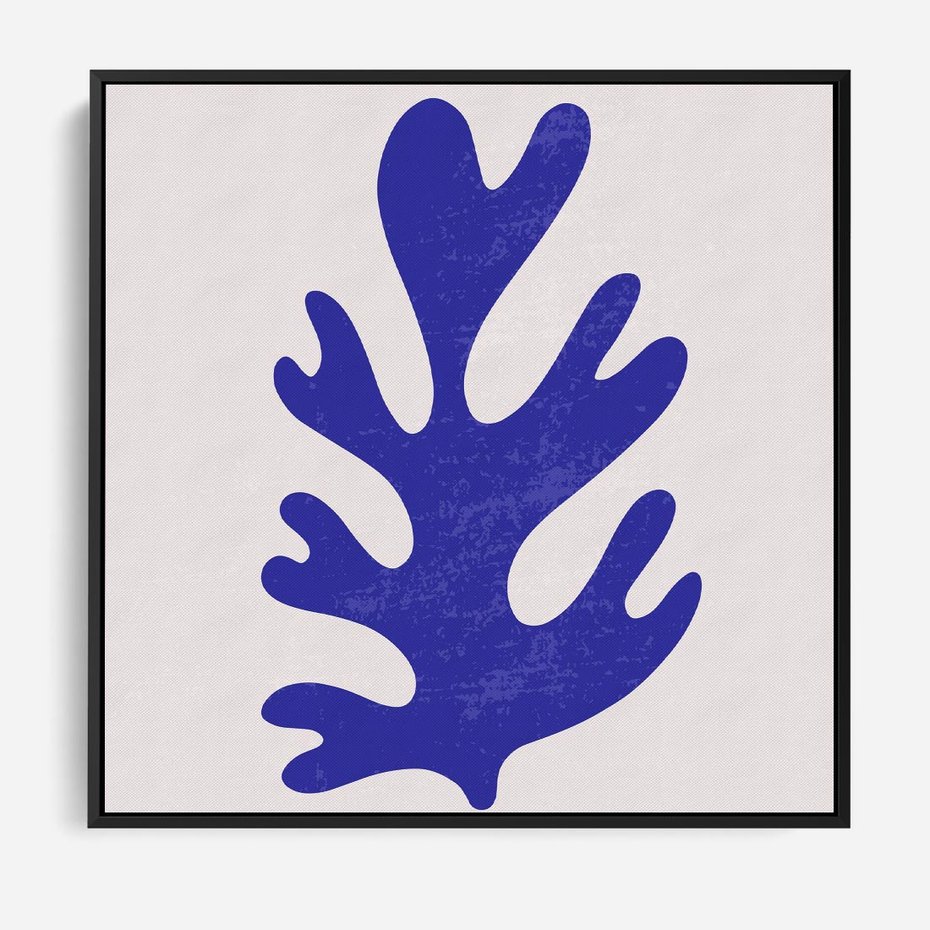 Obraz w ramie 50x50 - Przenikająca Struktura - boho plakat, niebieski liść w intensywnym kolorze - rama czarna