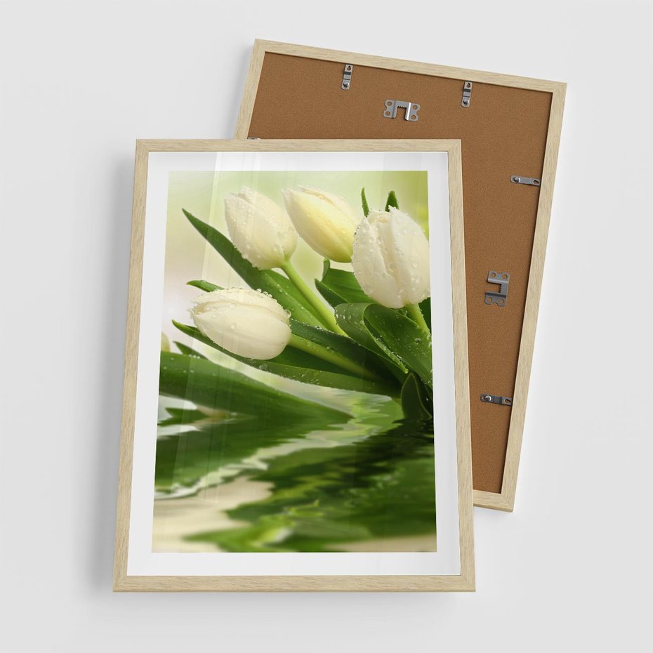 Plakat w ramie 50x70 - Białe Piękno - białe, tulipany - rama drewno