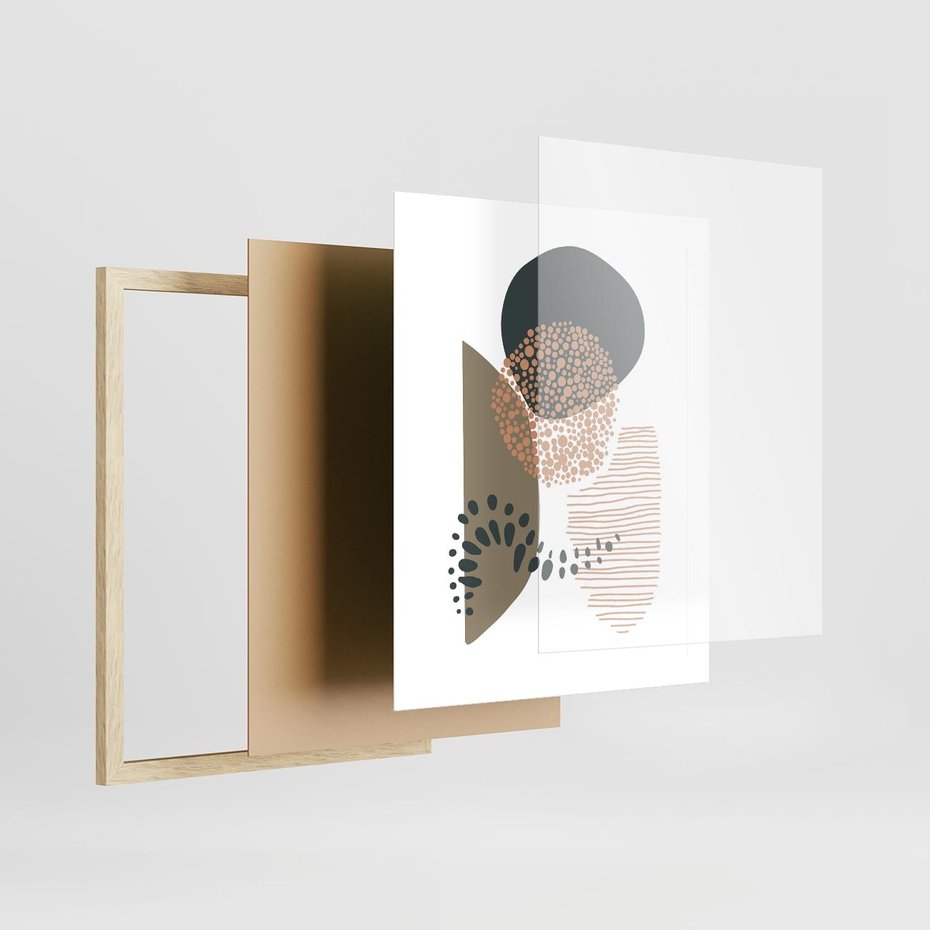Plakat w ramie 40x50 - Harmonia Akwarelowych Przestrzeni - abstrakcyjna kompozycja z kropek kresek i kółek, odcienie brązu i beżu - rama drewno