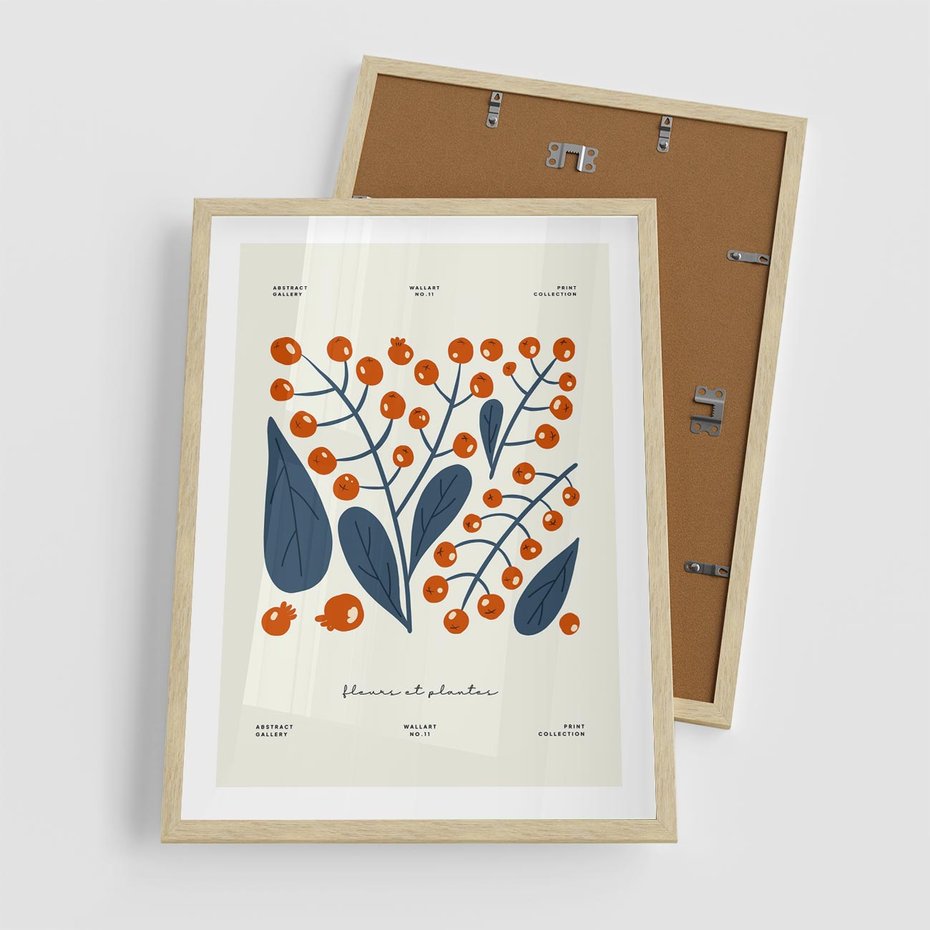 Plakat w ramie 50x70 - Minimalistyczna Uroda Jarzębin - jarzębiny, niebieskie liście - rama drewno