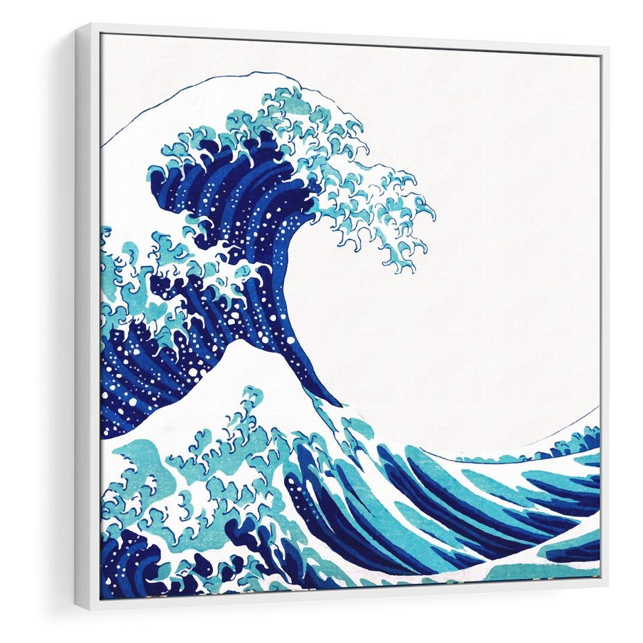 Obraz w ramie 50x50 - Fala Japandi - wielka fala w Kaganawie, obraz Hokusai - rama biała
