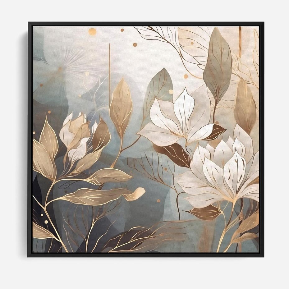 Obraz w ramie 50x50 - Ekspresjonistyczny deszcz uczuć - grafika, złote kwiaty - rama czarna