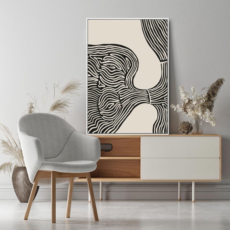 Obraz w ramie 70x100 - Harmonijne Kształty - abstrakcyjne ryciny, czarno biały - rama biała