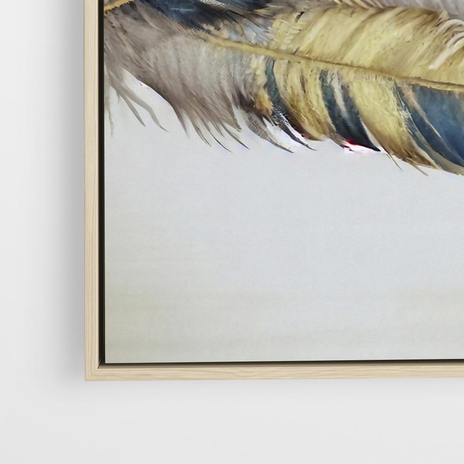 Obraz w ramie 80x80 - Granatowo-Złote Pióra - sztuka, granatowe i złote pióra - rama drewno