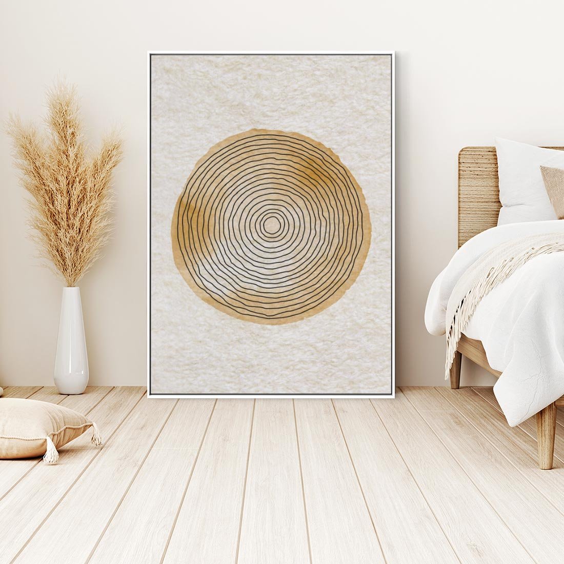Obraz w ramie 70x100 - Zapisane w promieniach słońca - beżowe strukturalne tło, koła - rama biała