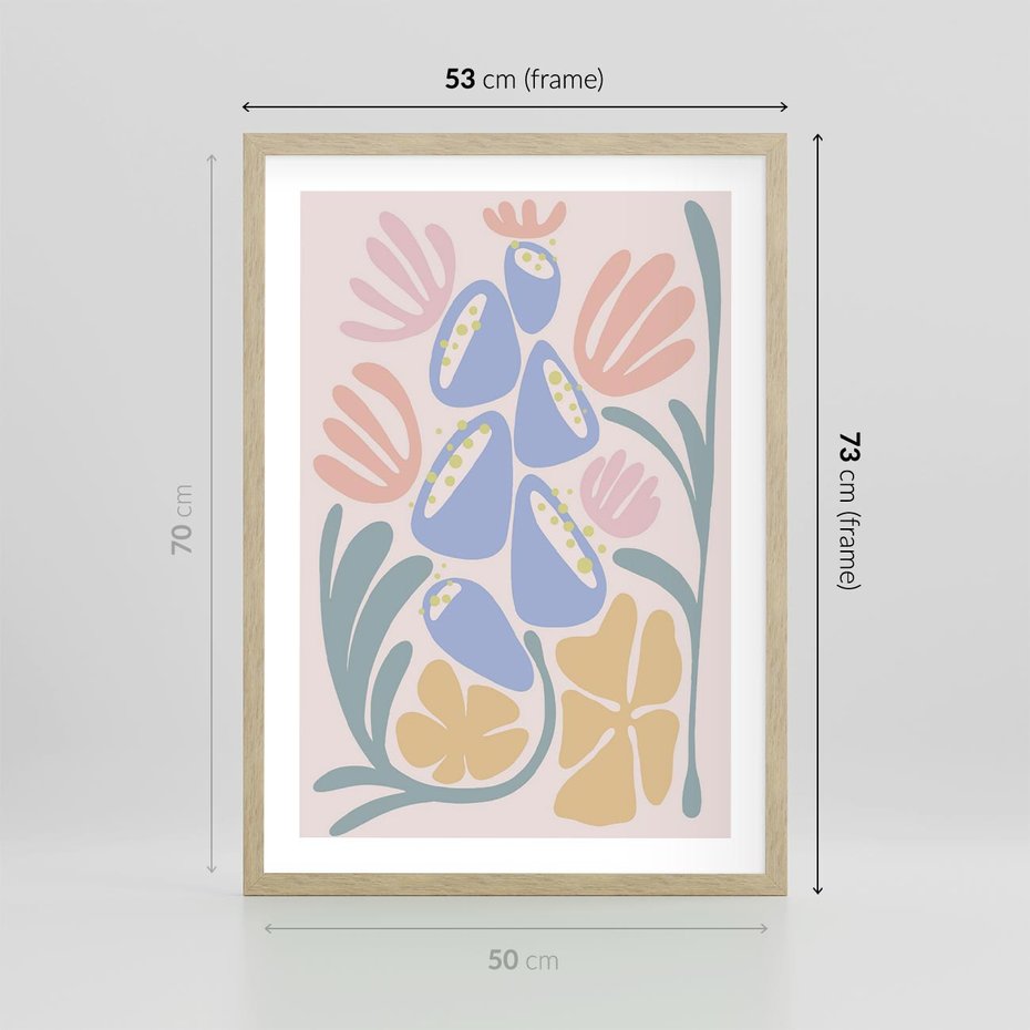 Plakat w ramie 50x70 - Minimalistycznie i Pastelowo - pastelowe kwiaty, na beżowym tle - rama drewno