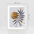 Plakat w ramie 40x50 - Grafika z Czarnym Liściem Palmy - czarny liść palmy, złóte kołó - rama biała