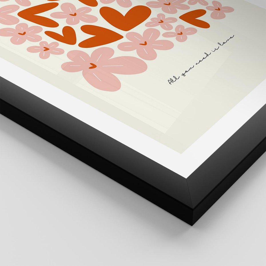 Plakat w ramie 40x50 - Miłość w Kompozycji - grafika, kompozycja kwiaty i serca - rama czarna